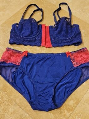 B. TEMPTED Royal Blue Lace Underwire Bra & Bikini Set with Pink Accents